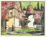 CPR Clubhouse by Margaret Shelton, 1941, lino block on paper, sold Dec 2015