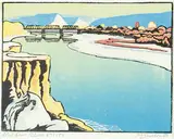 Red Deer River #87/100 by Margaret Shelton, 1944, lino block in six colours on paper, sold Dec 2015