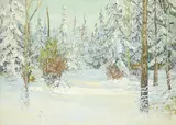 Albin Jr. Cartmell, Untitled - Through the Snowy Trees, 1940, oil on wood board