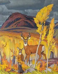 A. J. Casson, Untitled - Deer along the Madawaska River, Algonquin Park, 1949, oil on canvas board