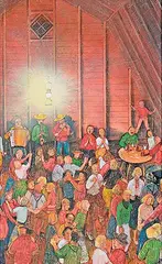 William Kurelek, The Barn Dance [The Happy Canadian], 1974, mixed media on wood board