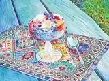 Mary Frances West Pratt, Snow Pudding, Blueberries, Custard and Raspberry Sauce, 1995, watercolour on paper