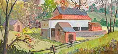 Sarah Robertson, Untitled - Farm with the Red Barn, oil on paper board