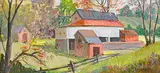 Sarah Robertson, Untitled - Farm with the Red Barn, oil on paper board