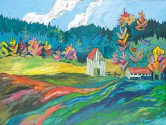 Christine Reimer, Fields and Barn - Salt Spring Is., 1990, acrylic on canvas