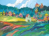 Christine Reimer, Fields and Barn - Salt Spring Is., 1990, acrylic on canvas