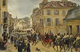 Henri Louis Dupray, Untitled - Military Troops Marching Through the City, oil on wood panel
