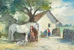 Geza Marich, Untitled - Feeding the Horses, oil on canvas