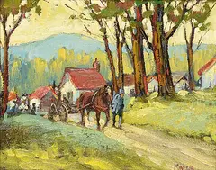 Ernest Marza, Untitled - Horse Cart Leaving the Village, oil on wood board