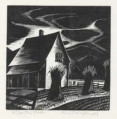 Carl Schaefer, Corn Stooks #25/100, 1933, wood block on paper