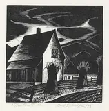 Carl Schaefer, Corn Stooks #25/100, 1933, wood block on paper