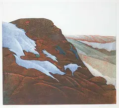 John Kenneth Esler, Buffalo Jump #3/100, 1981, colour etching on paper