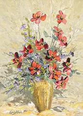 James Lorimer Keirstead, Untitled - Red and Purple Floral Arrangement, oil on wood board