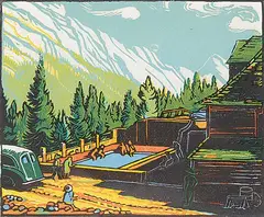 Margaret Shelton, Upper Hot Springs, Banff #75/200, 1952, lino block in five colours on paper