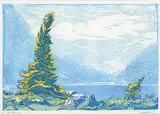 Lake Louise #32/100 by Margaret Shelton, 1984, lino block in three colours on paper, sold May 2015