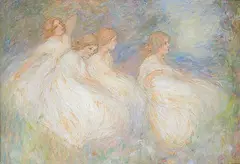 Charles de Belle, Untitled - Women in the Garden, mixed media on paper board