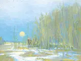 Orestes de Grandmaison, Winter Moonrise, oil on wood board