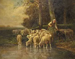 Untitled - Shepherd Watering the Flock by Charles Jacque, oil on canvas, sold Apr 2015