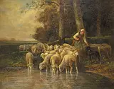 Charles Jacque, Untitled - Shepherd Watering the Flock, oil on canvas