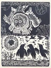Dora Helen Mackie, Owl and Crows #9/16, wood block on paper
