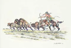 Gerald T. Tailfeathers, Buffalo Hunt, 1970, watercolour and ink on paper