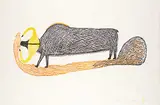 Musk-Ox Eating Grass #18/50 by Luke Anguhadluq, 1973, colour lino block on paper, sold Mar 2015