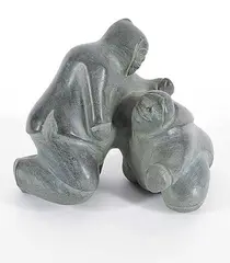 David Ikutaaq, Untitled - The Wrestlers, grey and green stone carving