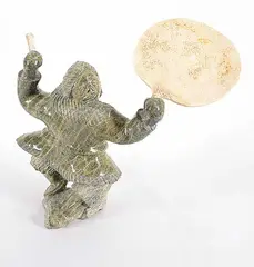 Jaco Ishulutaq, Drum Dancer, 1991, green stone carving with bone