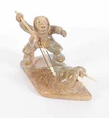 MacWatt & Ken MacWatt, Inuit Hunter, 1994, red stone carving with bone and wood