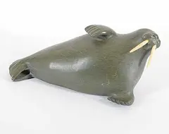 Davidee Niviaxie, Untitled - Walrus, light green stone carving with bone