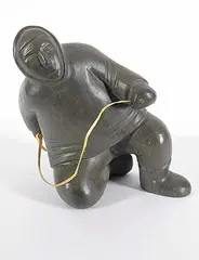 Davidee Niviaxie, Untitled - Hunter with Line, green stone carving with leather