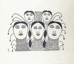 Ningeeuga Oshuitoq, Five Faces #12/50, 1977, colour stonecut and stencil on paper