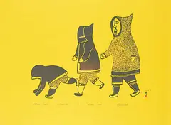 Eegyvudluk Pootoogook, Eskimo Family #1/50, 1974, colour stonecut on paper