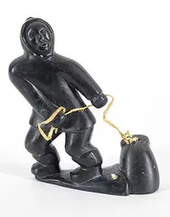 Thomassie Tukai, Untitled - Hunter and Seal, black stone carving with bone and leather