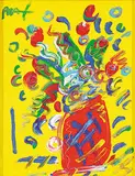 Peter Max, Untitled - Flowers in a Red Vase with a Yellow Background, 1998, acrylic on canvas board