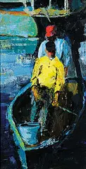 Arthur Steven, Lobstermen, oil on wood board