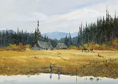 Allan Robert Thompson, Untitled - Daily Chores at the Cabin, 1977, acrylic on canvas board
