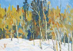 Joan Van Belkum, Brushes and Evergreens in Snow, Cypress Hills, 1976, oil on wood board