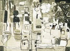 Jack Shadbolt, Still Life with ... and Bottles, 1956, ink wash on paper