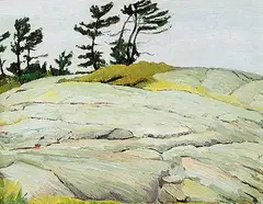 Frederick Bourchier Taylor, Rock and Jack Pines, Georgian Bay, 1951, oil on wood panel