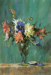 Dahlias and Pansies by Laura Robb, watercolour and pastel on paper, sold Nov 2014