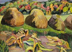 Haystacks and Trees by Ruth Mary Eliot, oil on wood board, sold Nov 2014
