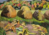 Ruth Mary Eliot, Haystacks and Trees, oil on wood board