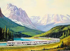 Harvey B. Goodale, Untitled - C.P. Train in the Rockies, 1965, oil on wood board