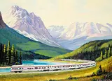 Harvey B. Goodale, Untitled - C.P. Train in the Rockies, 1965, oil on wood board