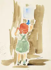 Janet Mitchell, Child at Drinking Fountain on Train, 1943, watercolour on paper