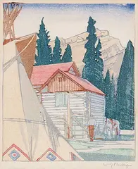 Walter J. Phillips, Corral at Banff, 1941, colour wood block on paper