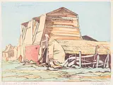 Barn at Taber #9/25 by Margaret Shelton, 1941, lino block in four colours on paper, sold May 2014