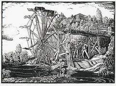 Margaret Shelton, Gawdun's Waterwheel #29/30, 1942, lino block on paper