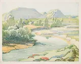 Margaret Shelton, Robin Hood Hills [Drumheller] #61/100, 1942, wood block in eight colours on paper